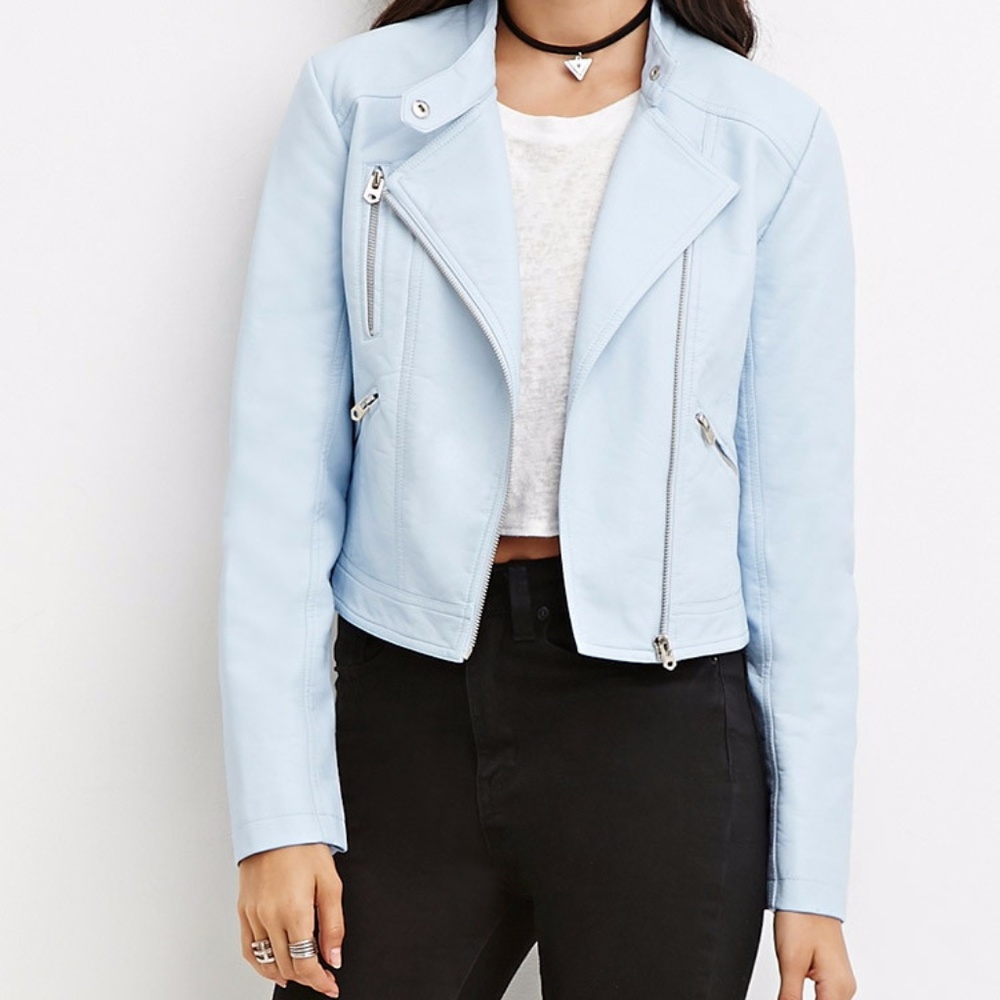 Baby Blue Faux Leather Jacket
